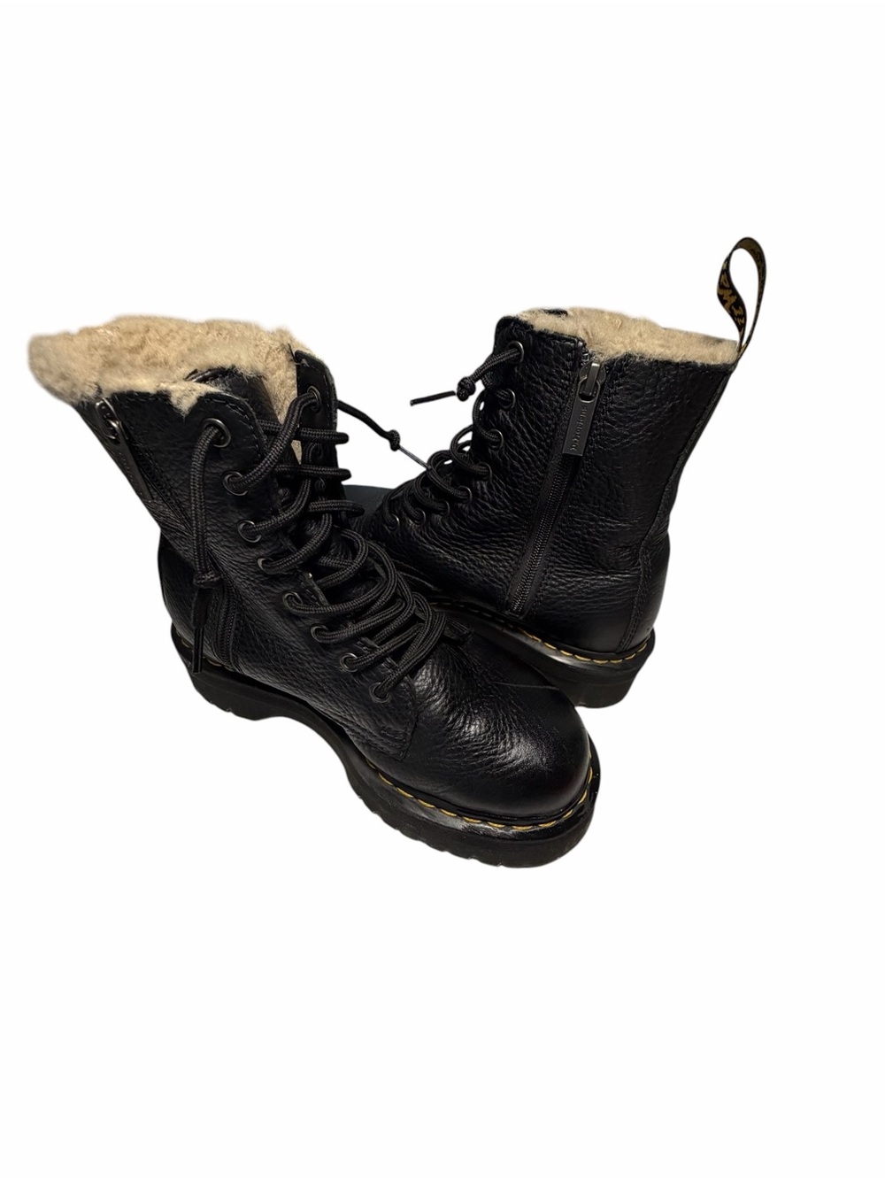 Dr. Martens Jaydeon Leather Black Lace-Up Platform Boots Faux Fur Collar Sz 7
